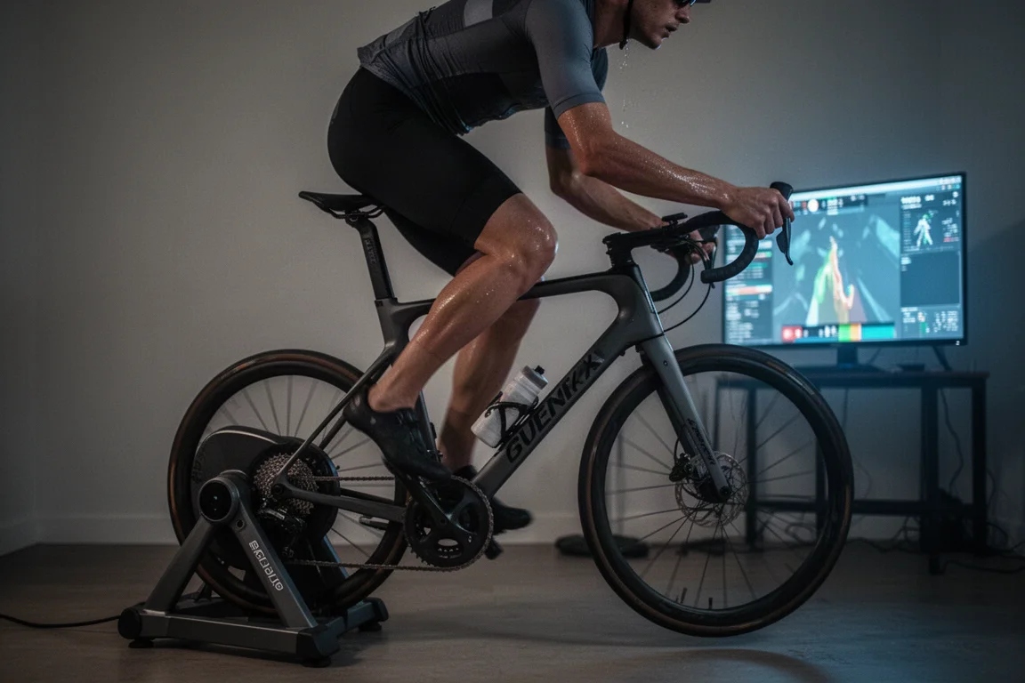 Ciclista realizando un entrenamiento estructurado de intervalos en interior en una habitación con poca luz