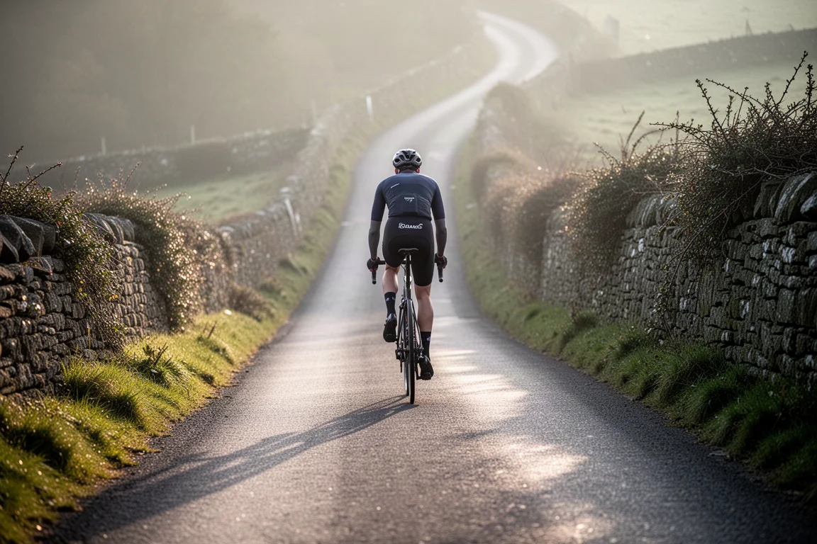Radfahrer, der bei frühmorgendlichem Licht eine steile Asphaltstraße erklimmt