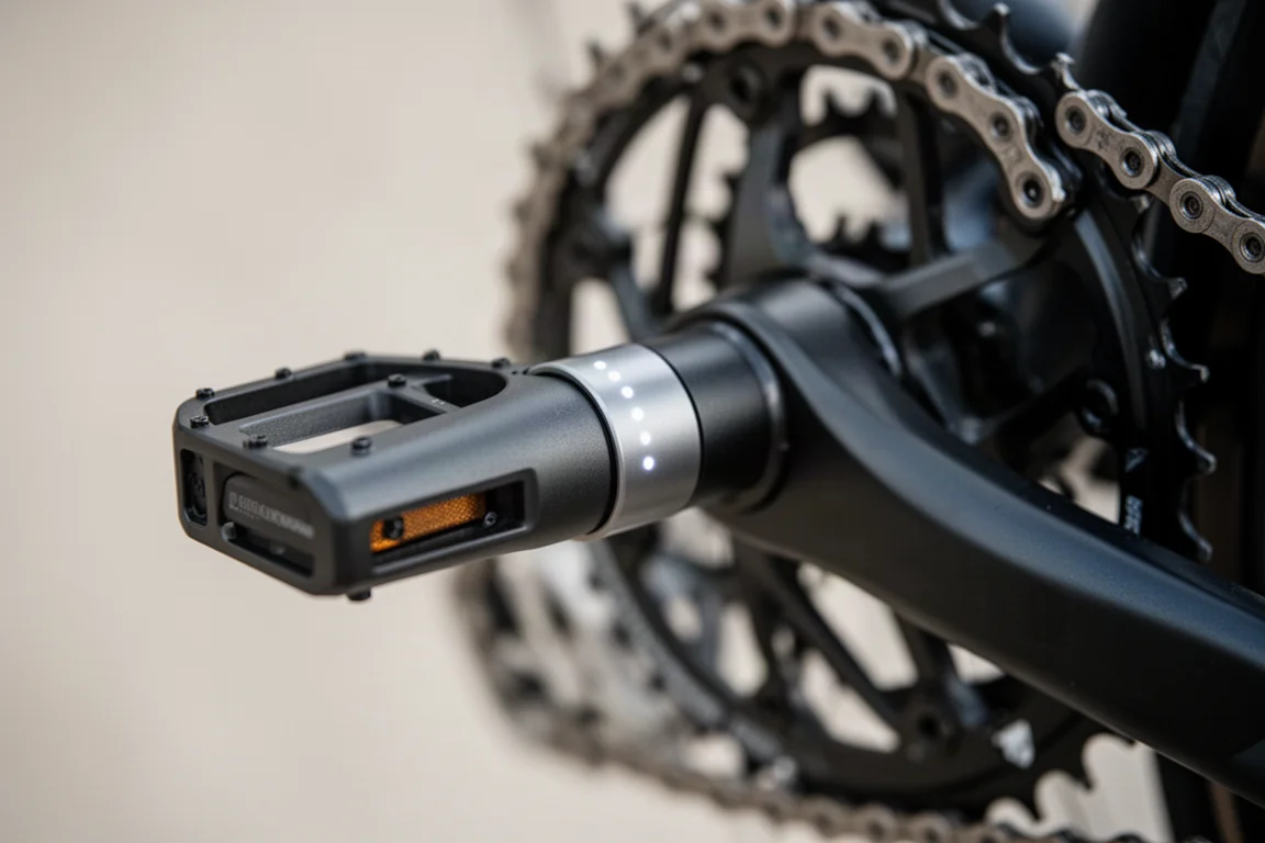 Nahaufnahme eines Pedalkörpers und eines Kragen-Details an einer Fahrradkurbel