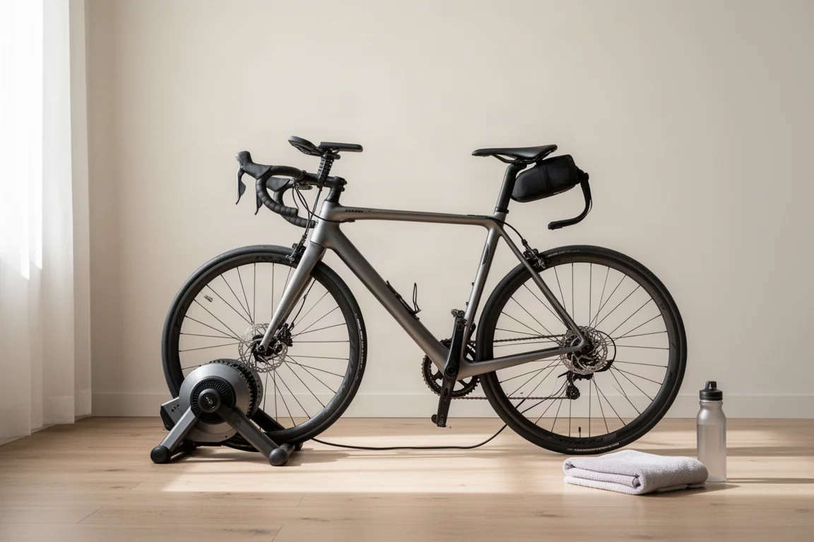 Rennrad auf einem Indoor-Smart-Trainer in einem hellen Raum