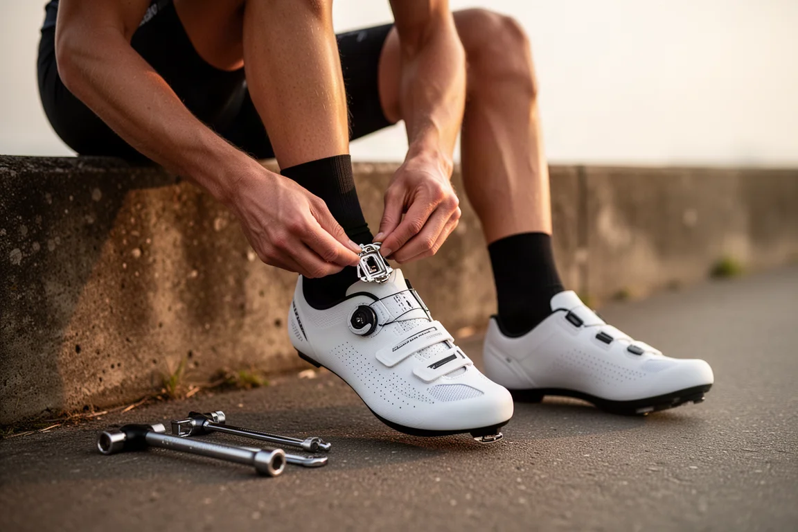 Radfahrer, der vor der Fahrt die Cleats an einem Radschuh justiert