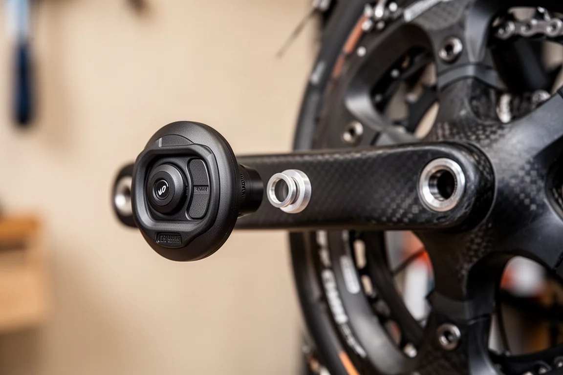 Close-up of a power meter pedal pod attached to a bike crank arm