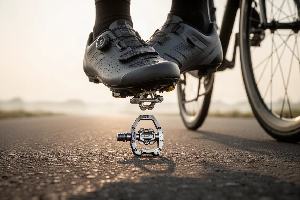 Cyclist clipping into a dual-sided road pedal on an open road