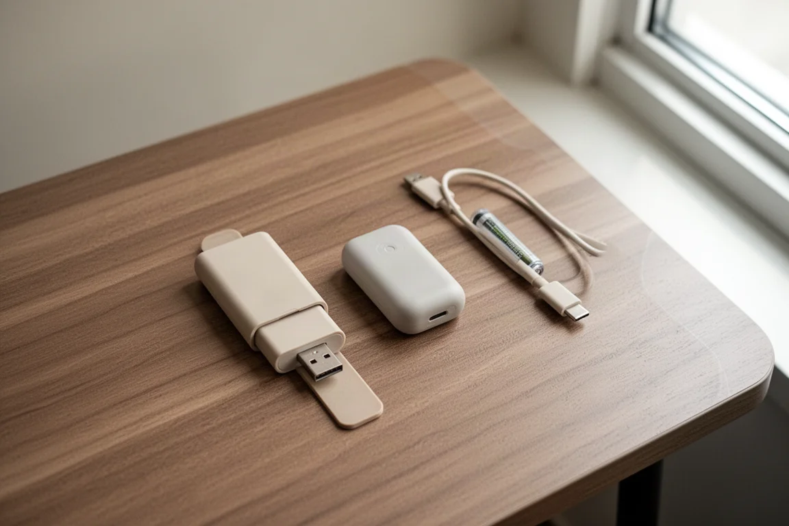 Small USB-C charging clip and rechargeable battery pod on a wooden surface
