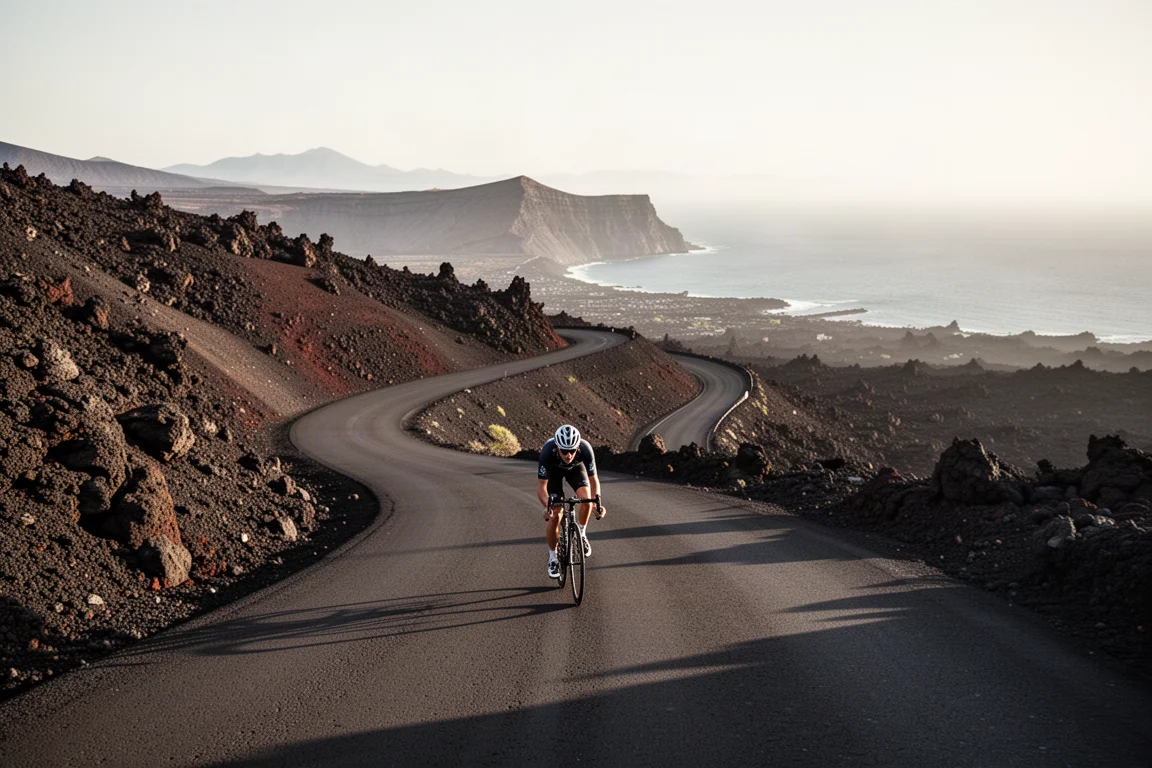 Road cyclist climbing a long mountain road through changing terrain