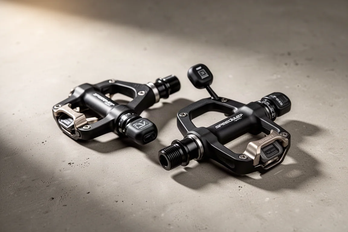 Pair of Speedplay-based power meter pedals with electronic pods on concrete surface