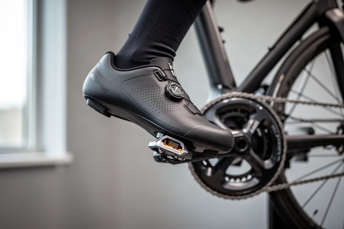 Bici da strada montata sui rulli con attrezzi e scarpe da ciclismo appoggiati sul pavimento