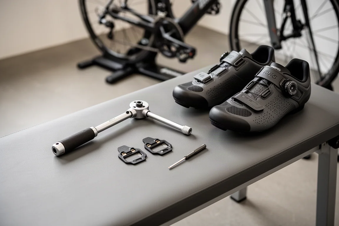 Vista dall'alto di attrezzi per il bike fit disposti su una superficie in cemento