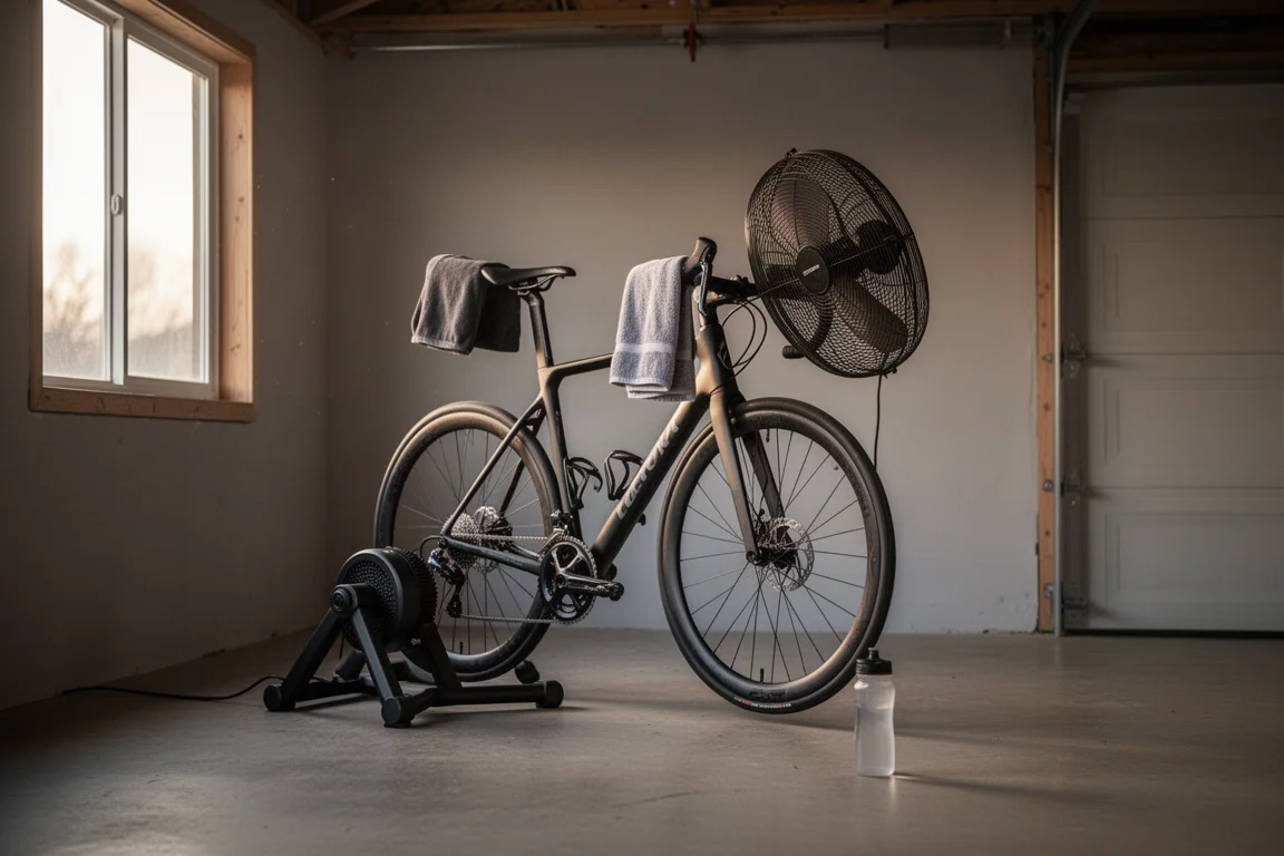 Indoor cycling setup with a bike on a trainer, fan and towel in morning light