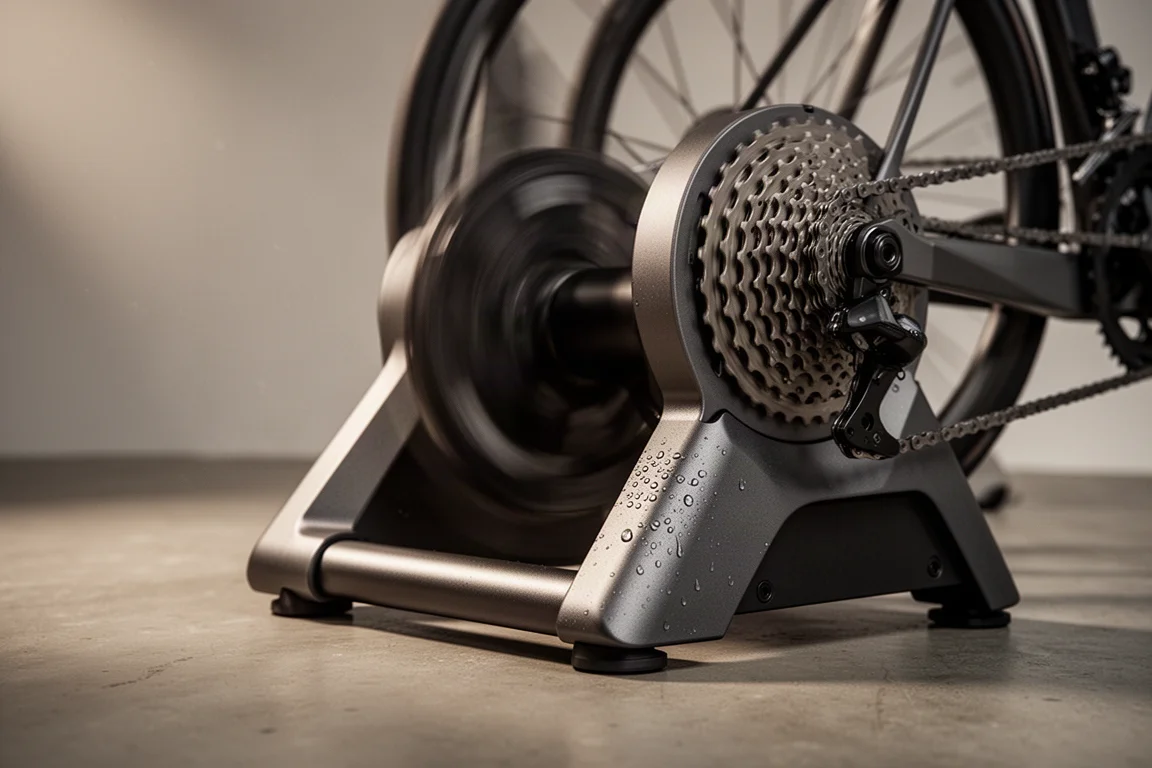 Close-up of a smart trainer flywheel and cassette with the chain in motion