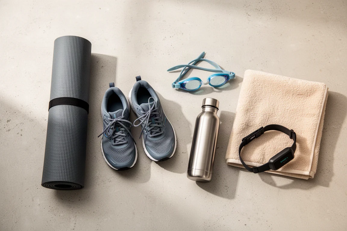 Overhead flat-lay of a yoga mat, running shoes, swim goggles and a water bottle