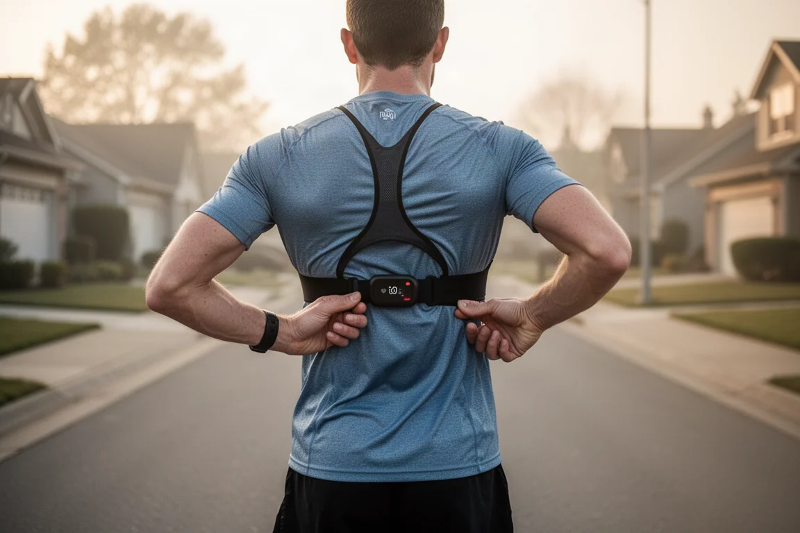 Runner attaching a chest strap heart rate monitor before a morning run