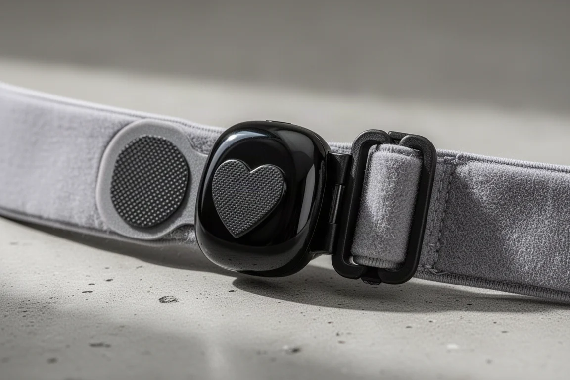 Close-up of a heart rate monitor sensor pod clipping onto a soft fabric strap