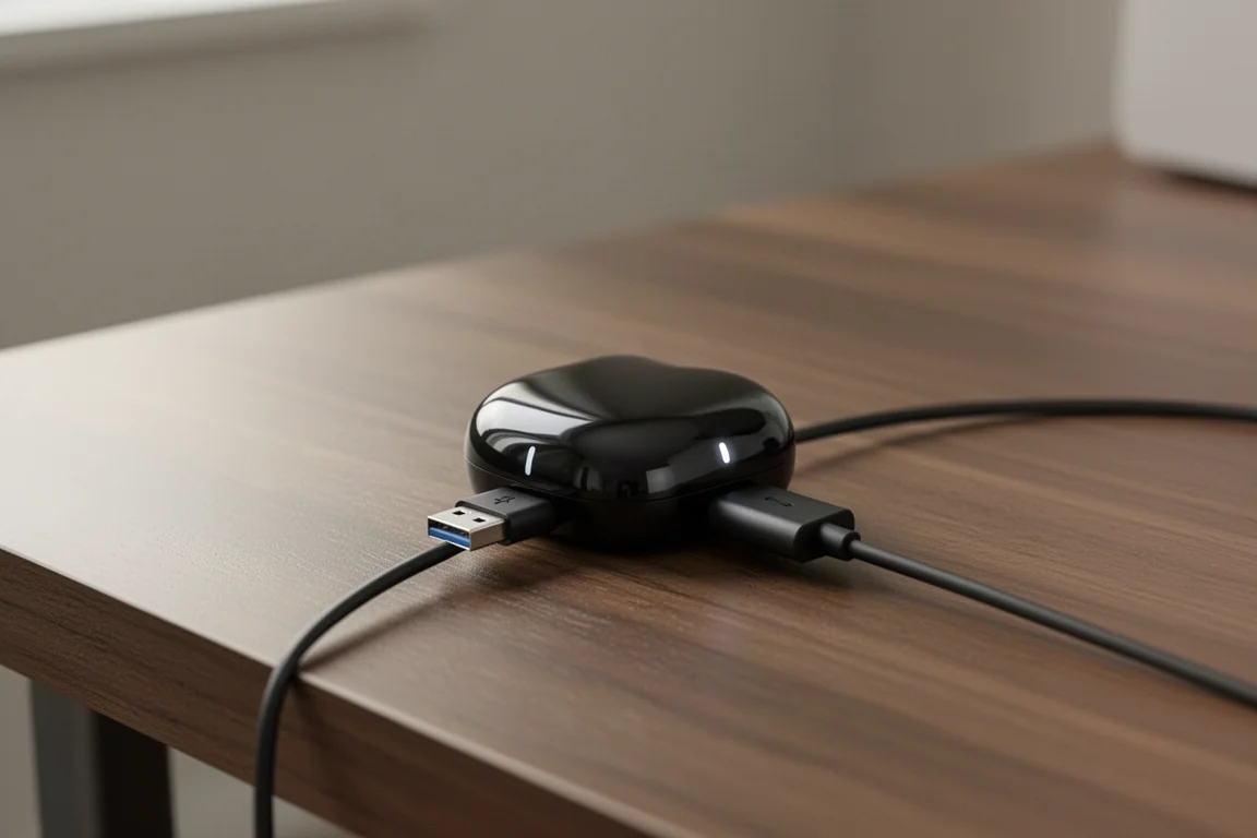 Magnetic charging cable connected to a heart rate monitor sensor on a desk