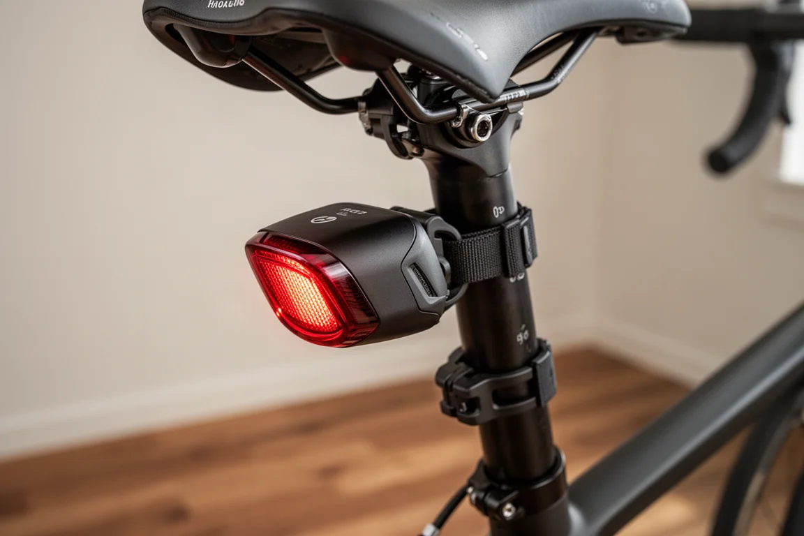 Radar fanale posteriore montato sul tubo sella di una bici da corsa, con supporto e cinghia ben visibili