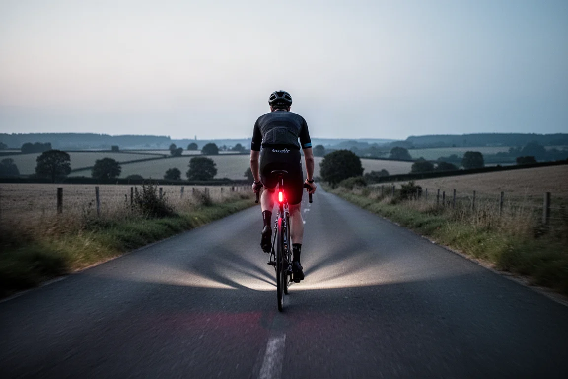 Vista posteriore di un ciclista in discesa veloce su strada aperta al tramonto