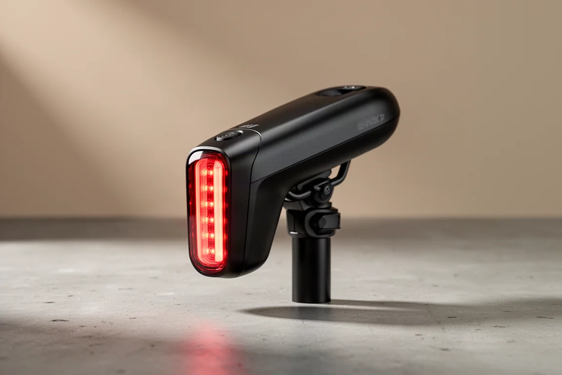Compatto radar fanale posteriore nero da bici montato su un supporto da tubo sella su cemento
