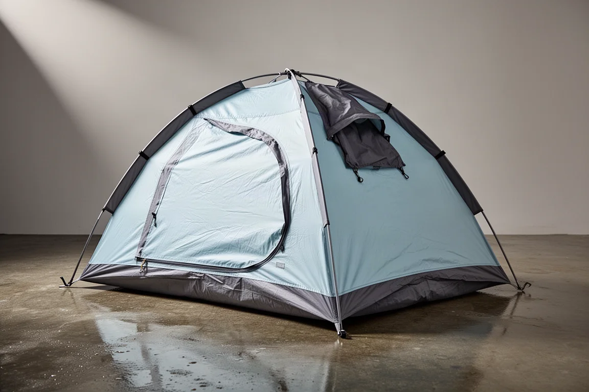 Compact pale blue dome camping tent pitched on damp concrete with a small rain fly