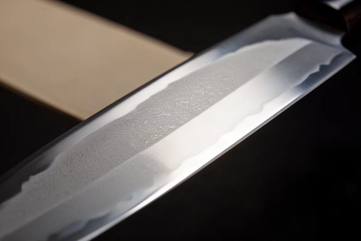 Polished Japanese kitchen knife blade edge with matte and shiny finish detail