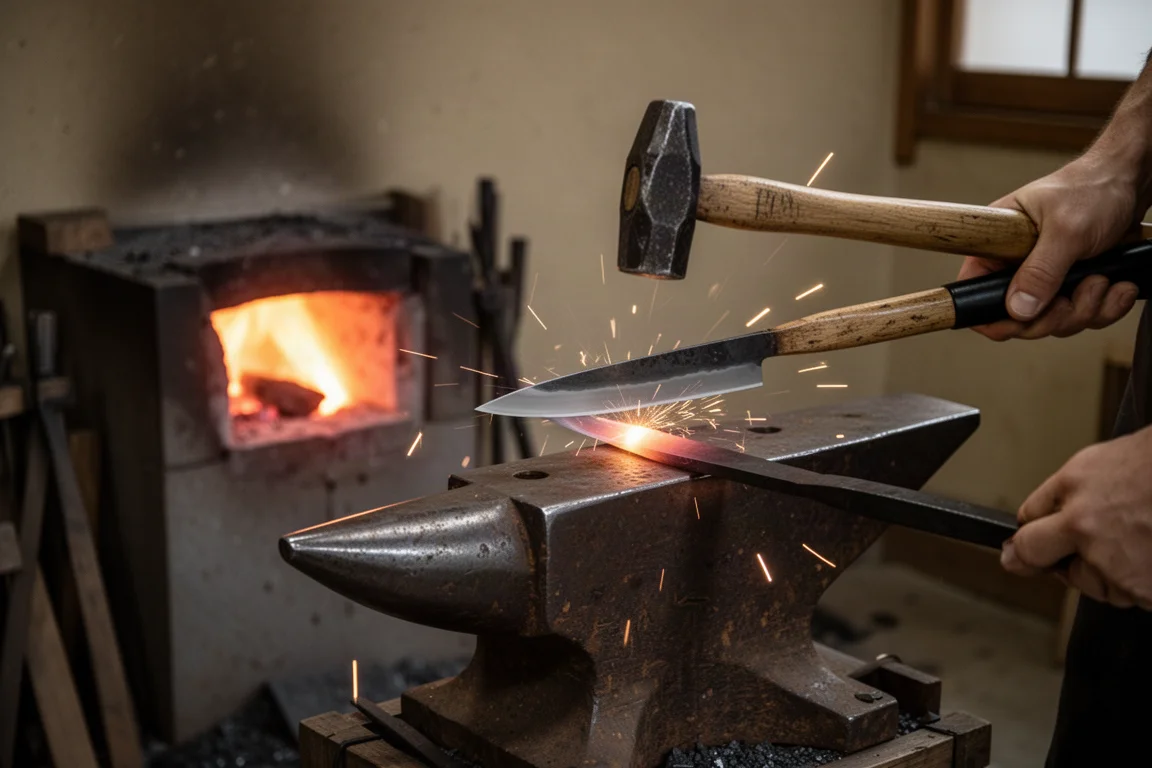 Blacksmith forging a knife blade in a traditional Japanese workshop