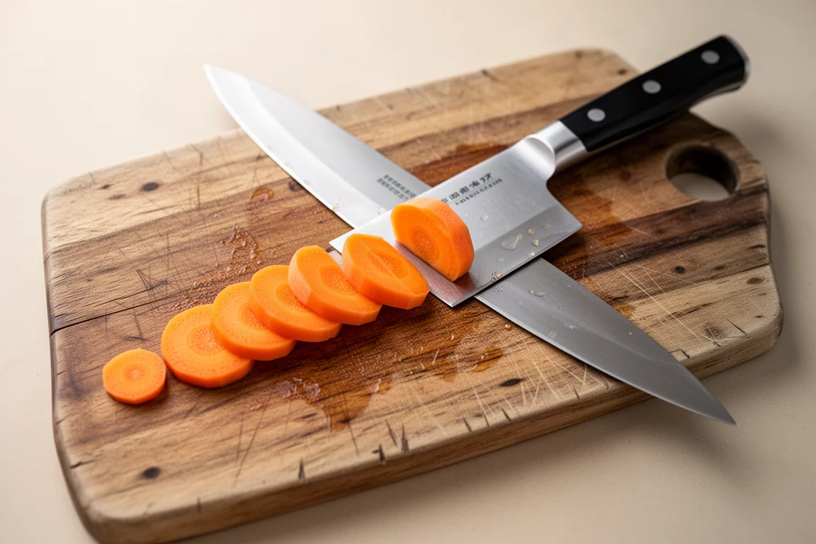 Chef slicing a carrot on a wooden cutting board with a Japanese knife