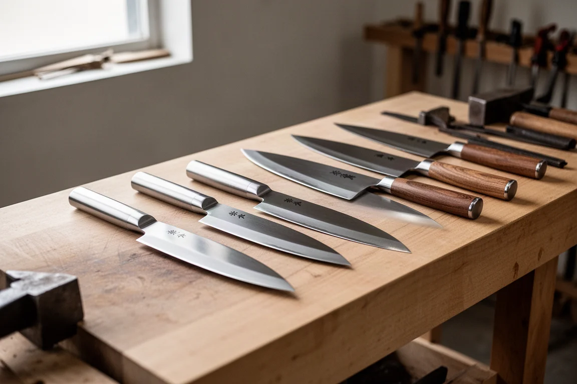 Newly finished kitchen knives resting on a workbench in a modern knife workshop