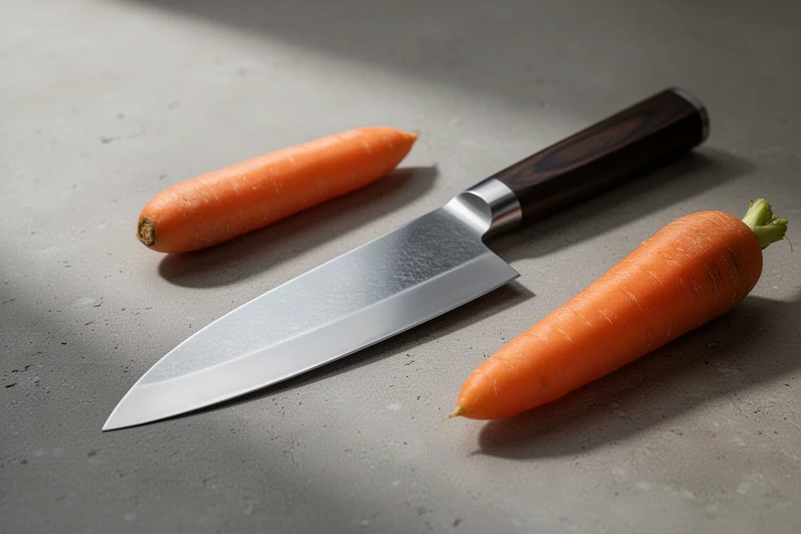 Polished Japanese kitchen knife on concrete surface beside a carrot