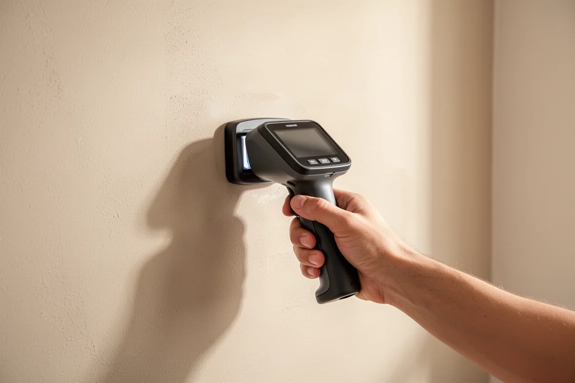 Wall scanner held against a drywall surface while scanning for studs