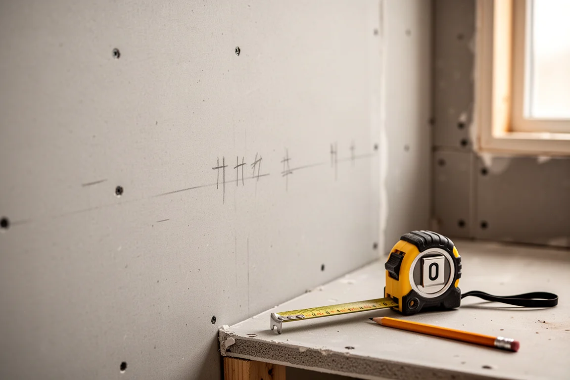 Marked stud positions on a drywall wall ready for mounting work