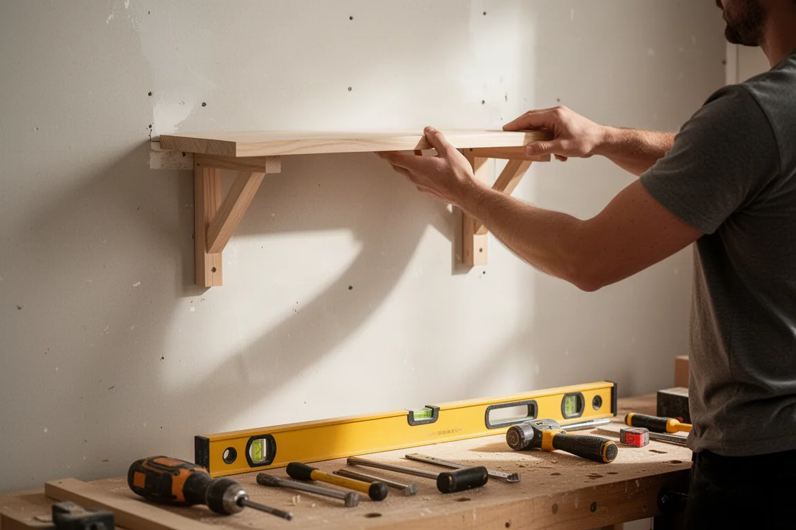 Person mounting a shelf onto a wall in a home workshop setting