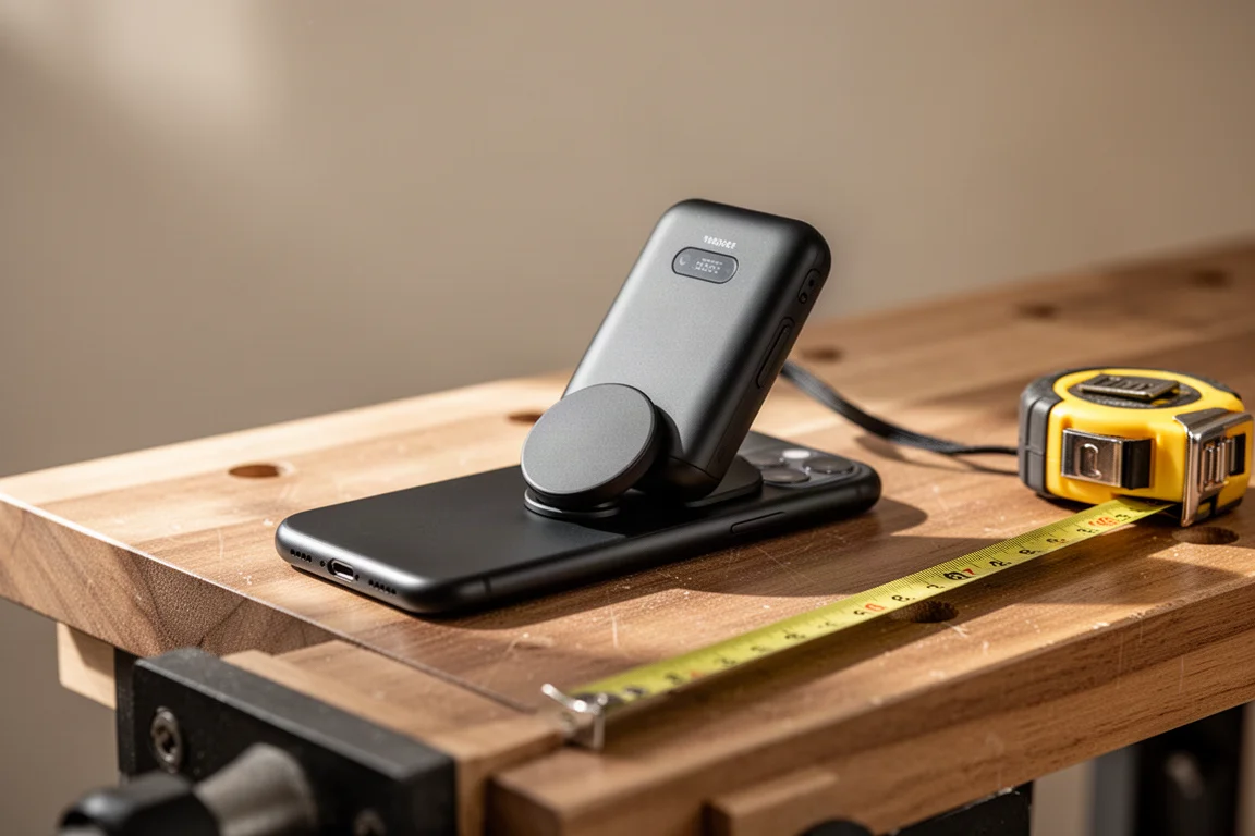 Wall scanner connected to a smartphone on a workbench