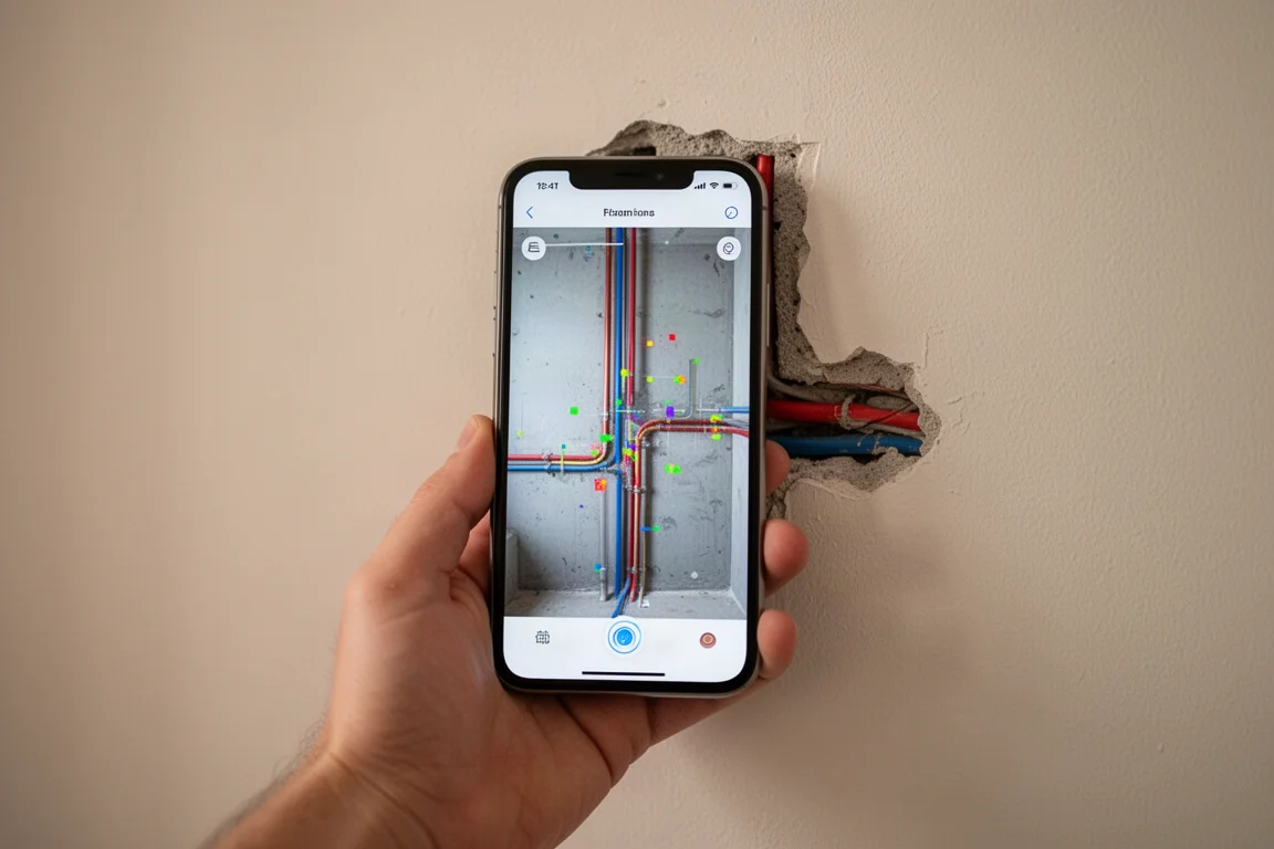 Teléfono que muestra un escaneo de pared en vivo con tuberías y cables detectados