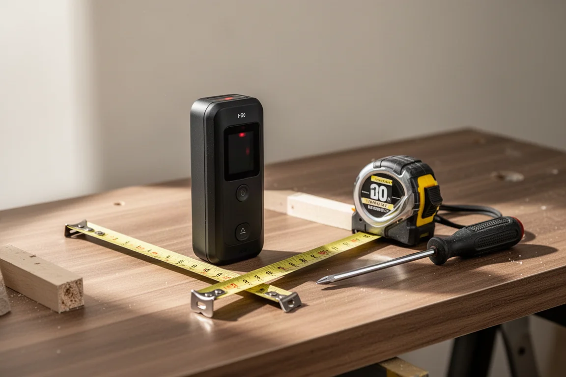 Escáner de pared compacto descansando sobre un banco de trabajo junto a herramientas comunes