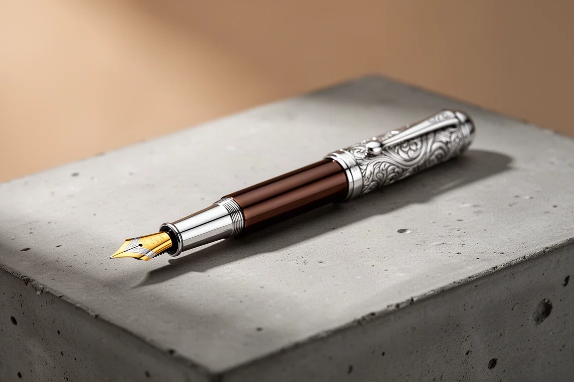 Waldmann Edelfeder PVD fountain pen with brown barrel and silver cap on concrete surface