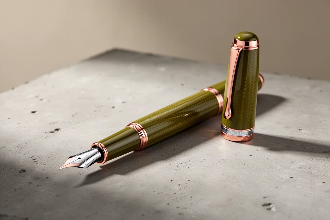 Slim olive lacquered fountain pen with rose gold trim and steel nib on a grey surface