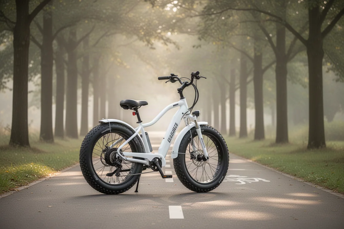 Ebike step-through blanca estacionada en un tranquilo carril bici pavimentado con luz suave