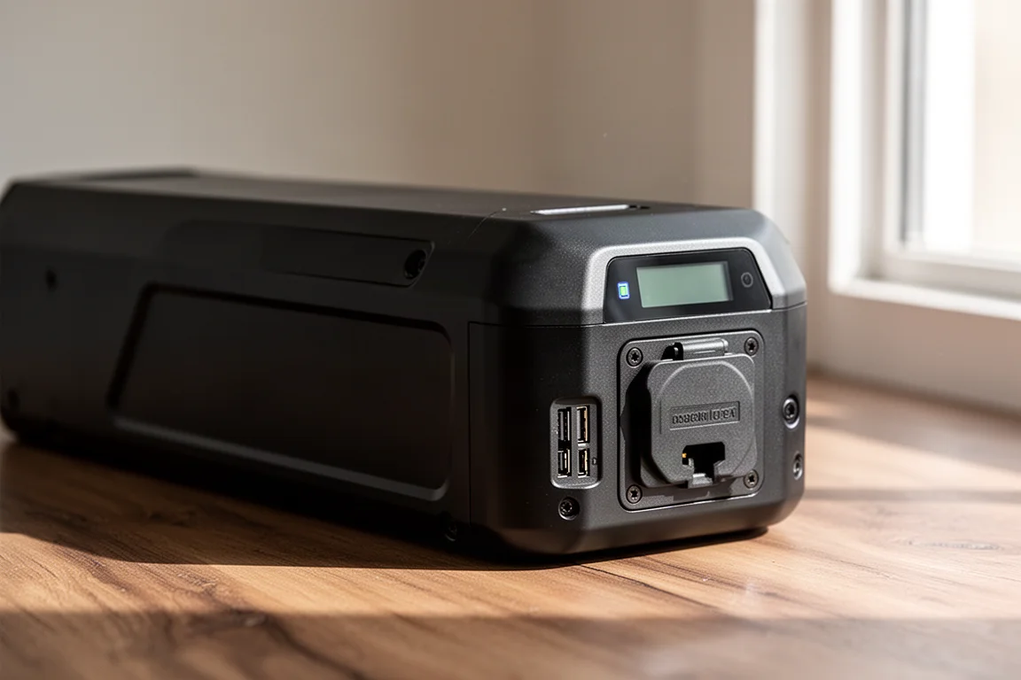 Primer plano de una batería extraíble grande de ebike con indicador LED de carga y puertos de salida