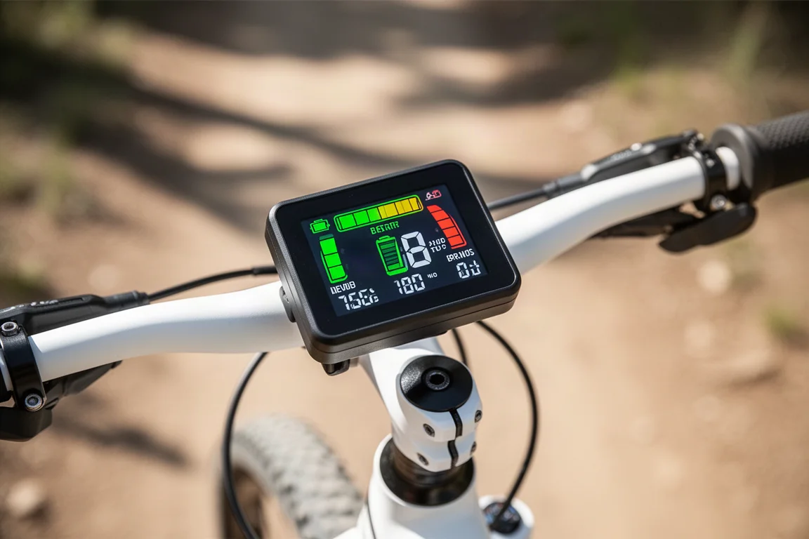 Pantalla LED brillante en el manillar de una ebike legible a plena luz del sol