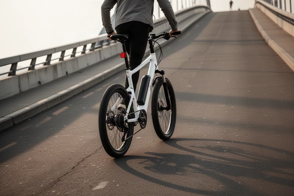 Ebike subiendo a baja velocidad una fuerte pendiente pavimentada en un puente