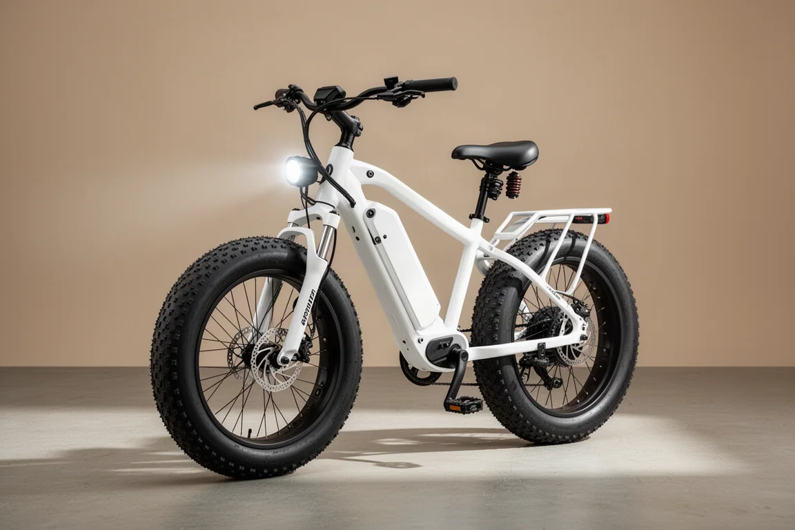 White step-through electric cruiser bike with fat tires on a concrete surface