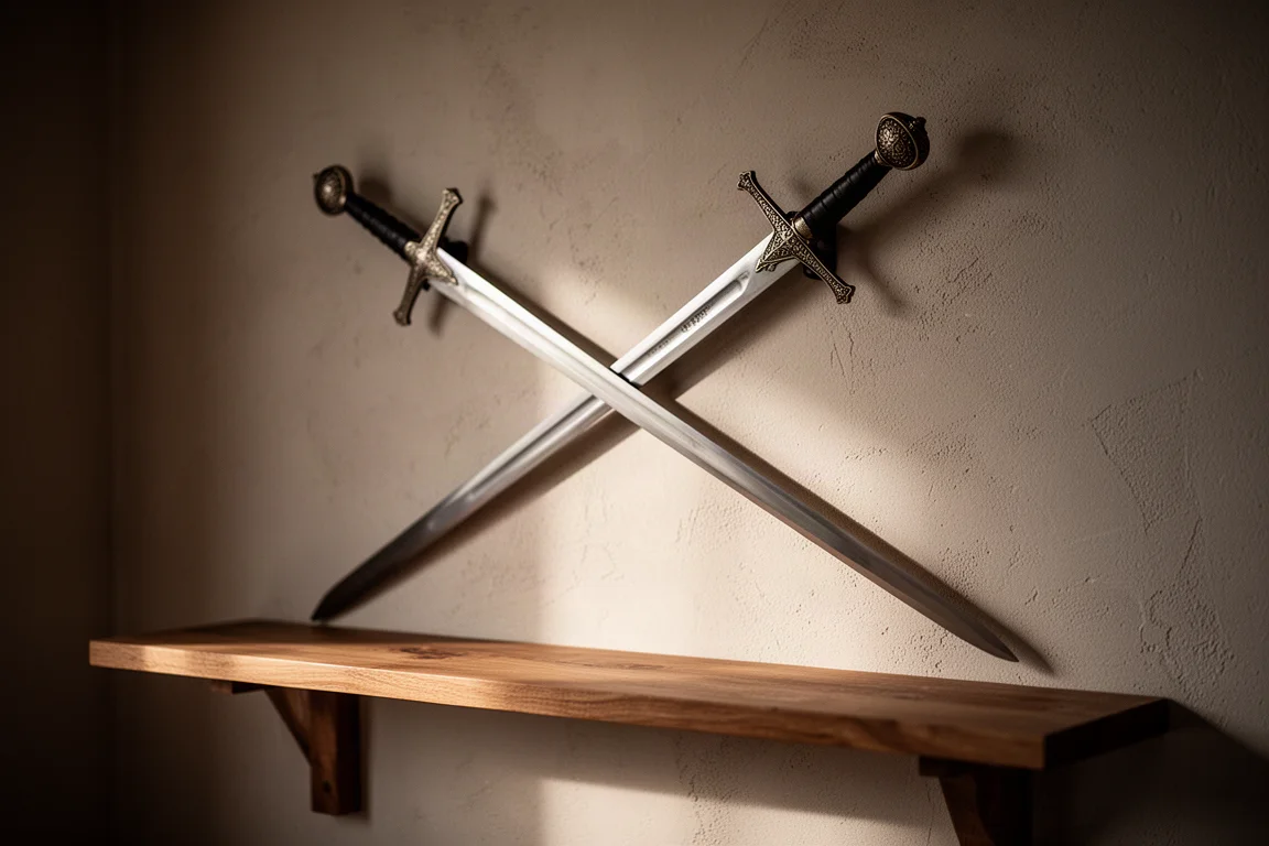 Spada medievale decorativa appesa a una parete in una stanza poco illuminata