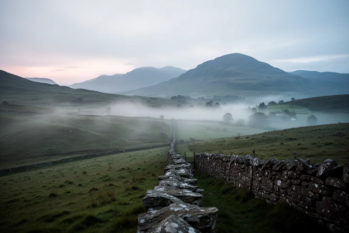 Paesaggio delle Highlands scozzesi con colline verdi innebriate all'alba