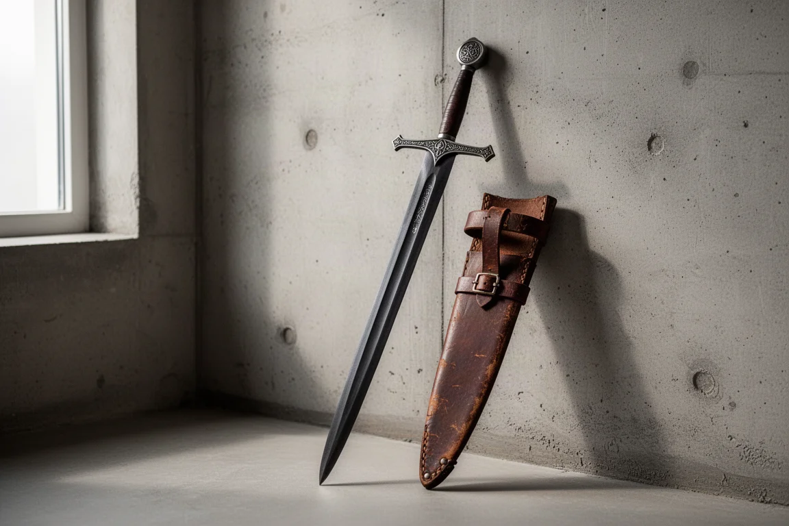Medieval-style sword with cross guard leaning against a concrete wall beside a leather sheath
