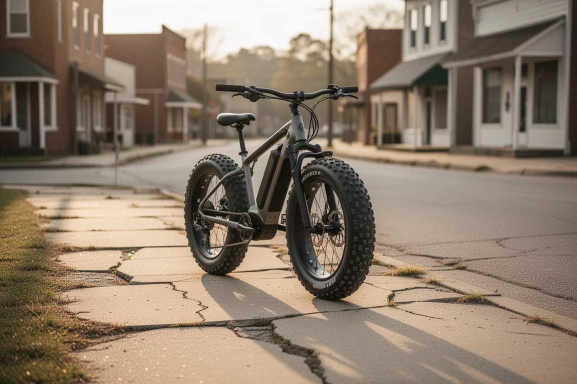 E-bike a pneumatici larghi che percorre un marciapiede sconnesso nella luce soffusa del pomeriggio