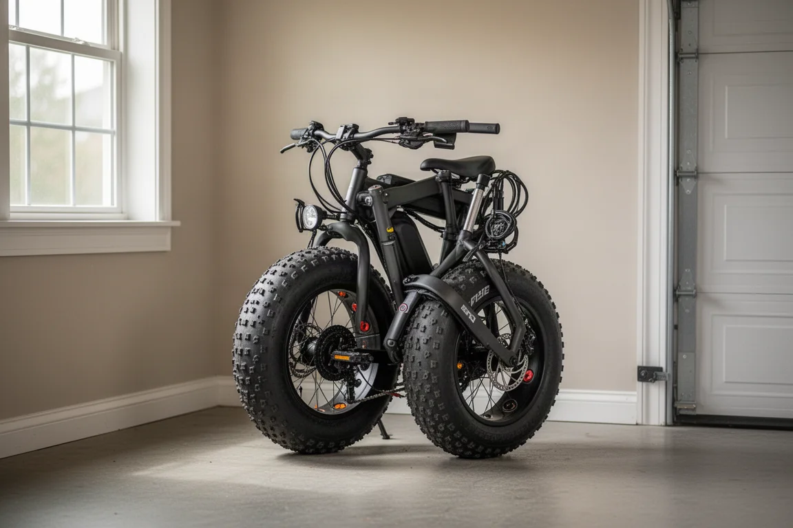 E-bike pieghevole con manubrio abbattuto, riposta in modo compatto in un garage