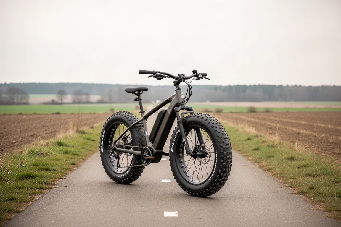 E-bike parcheggiata su una pista ciclabile rurale con aperta campagna sullo sfondo