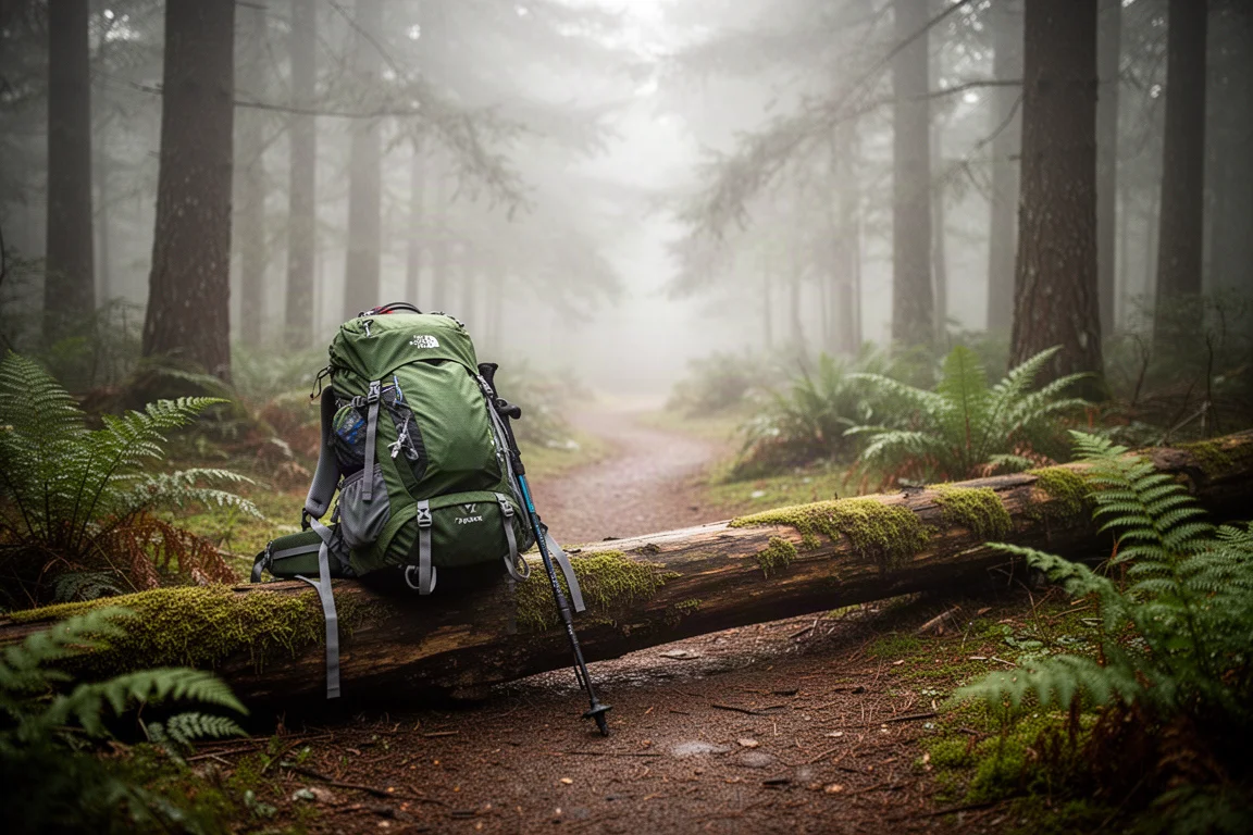 Zaino da escursionismo carico su un tronco muschioso a un incrocio di sentieri nel bosco nebbioso