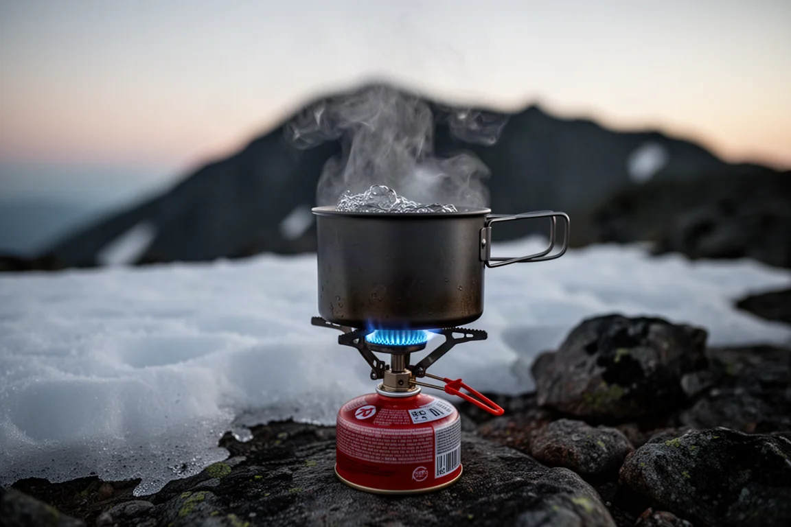 Tält för en person uppsatt på en snöbeströdd alpäng i skymningen