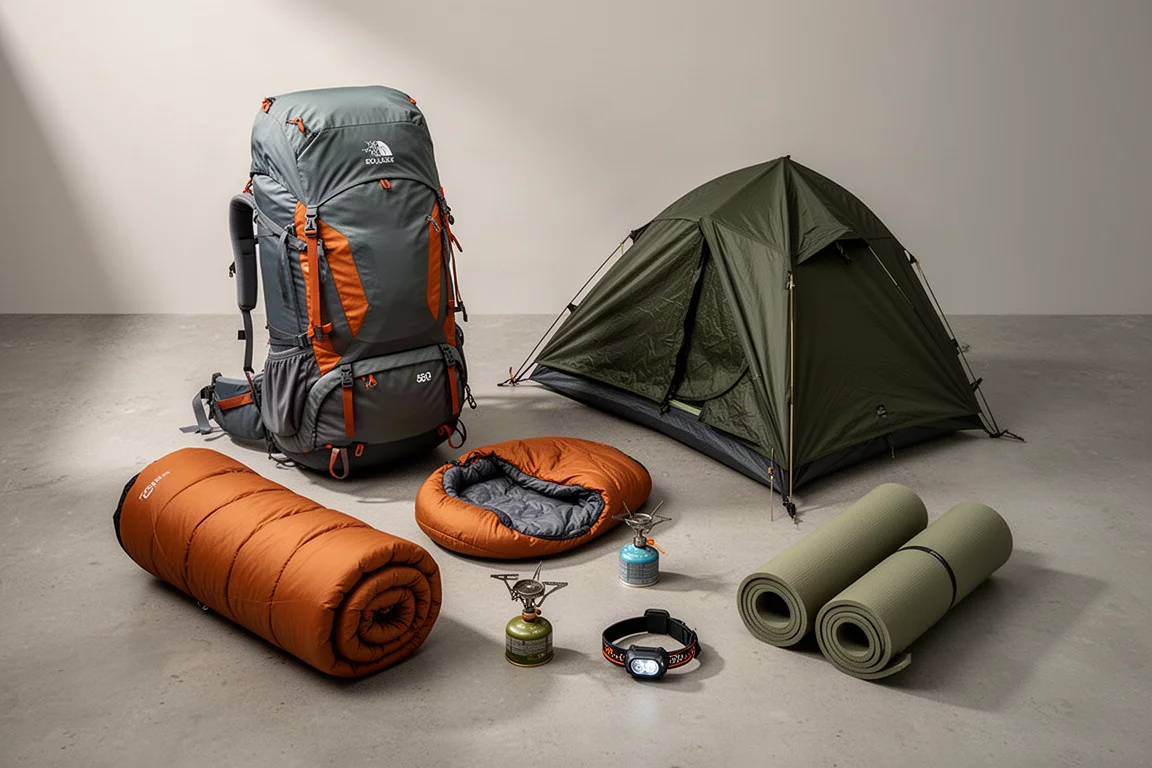 Complete budget backpacking kit laid out on a concrete surface with pack, tent, bag, stove, and pads