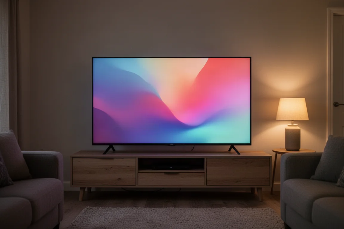 Duży inteligentny telewizor 4K zamontowany w skromnym salonie o zmierzchu
